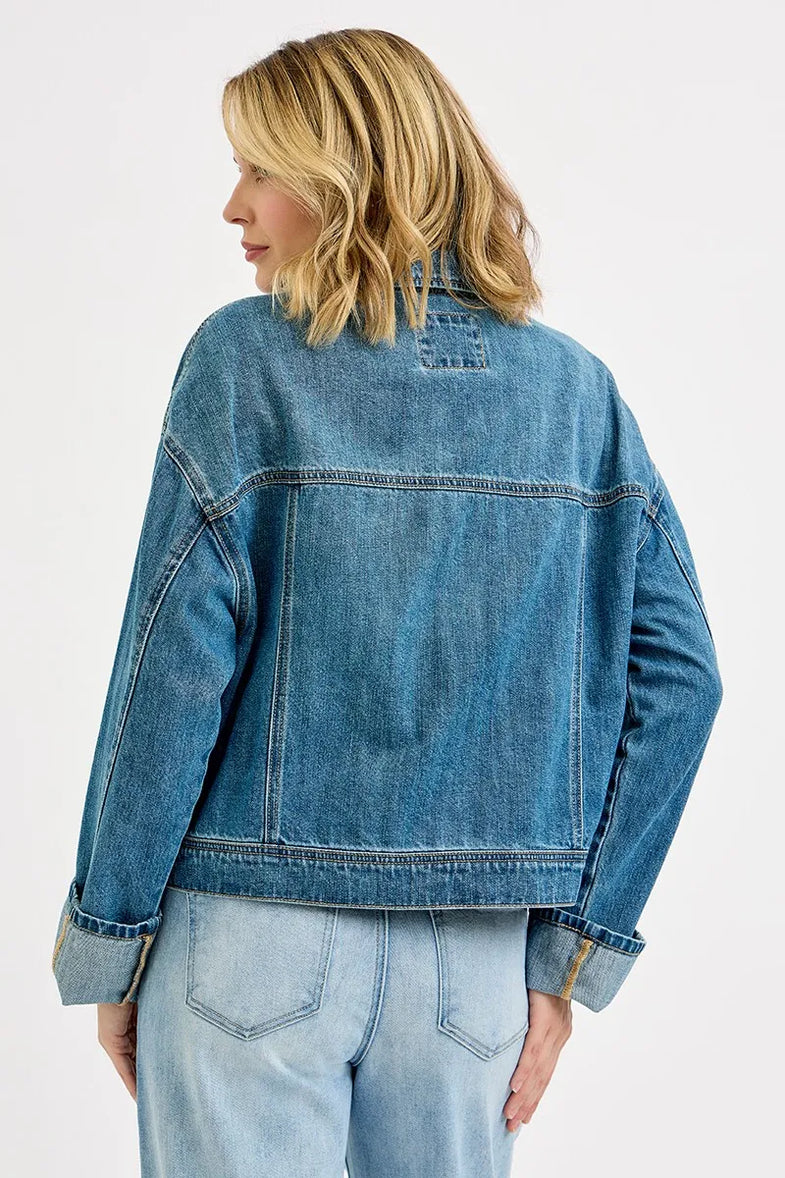 RISEN Oversized Cargo Pocket Denim Jacket with Cuffed Sleeves - SwagglyLife Home & Fashion